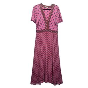 Boden Flutter Sleeve Jersey Maxi Dress US 12R Pink Floral V-Neck Bohemian Resort